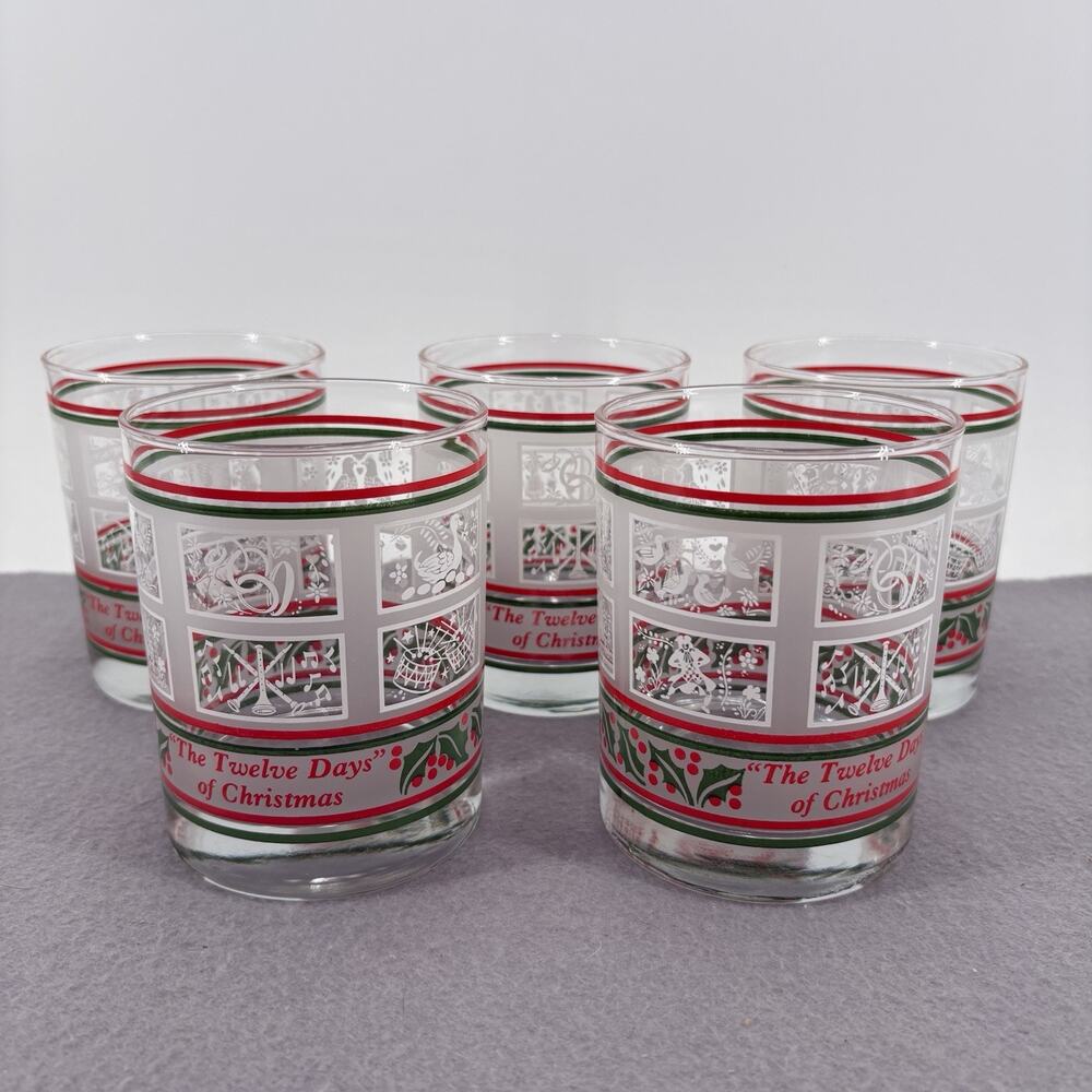 The Twelve Days of Christmas 4” Drinking Glasses, Vintage Holly Berry Set Of 5